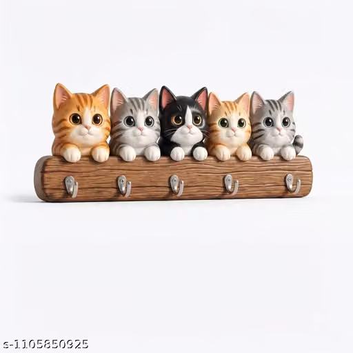 Cute Cat Design Wooden Wall-Mounted Key Holder with 5 Hooks for Home