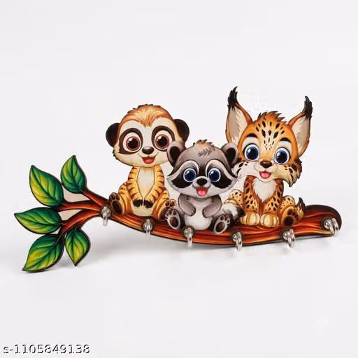 Cartoon Animal Wooden Wall-Mounted Key Holder with 6 Hooks for Home