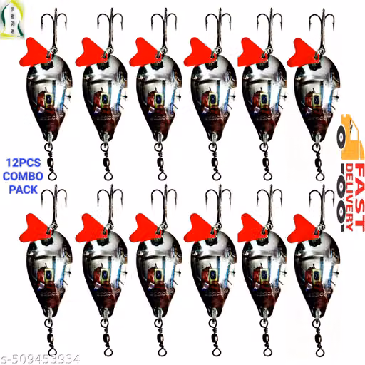 18 Gram Bhopali Fishing Spoon Lure Set of 12 with Red Heart, Treble Hooks and Rotational Swivel