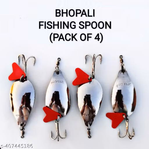 Bhopali Stainless Steel Fishing Spoon Lures Set of 4, 18 Gram Each with Red Heart and Treble Hooks