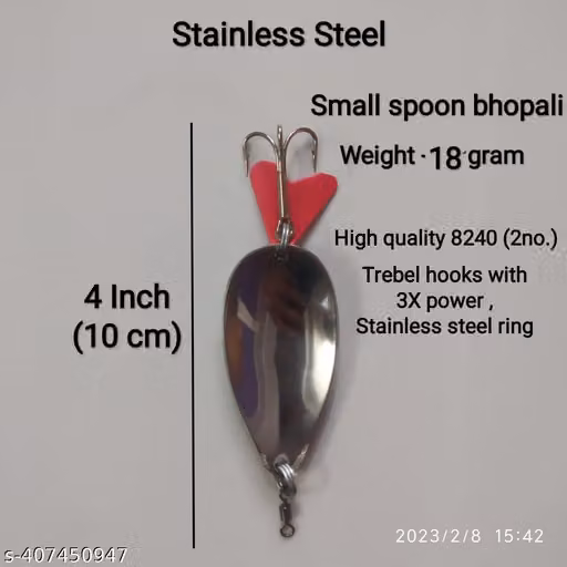 P S N S Bhopali Stainless Steel Fishing Spoon Lures Set of 5 with Red Heart, Treble Hooks and Rotational Swivel