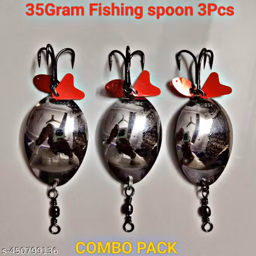 P S N S Hayderabadi Fishing Spoon Lures Set of 3, 35 Gram Each with Double Red Hearts and Treble Hooks