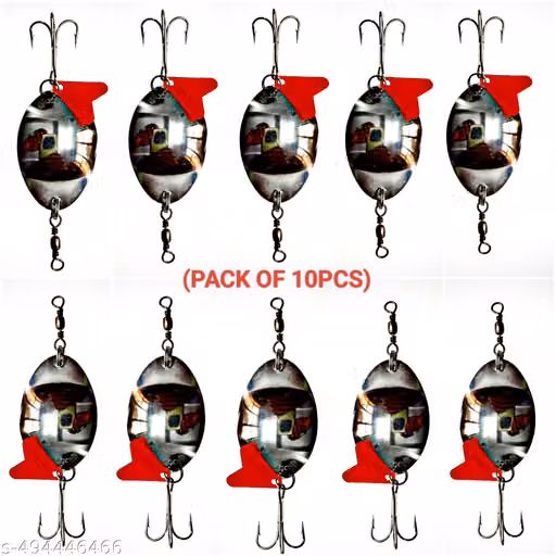 PSNS Small Hayderabadi Stainless Steel Fishing Spoon Lures Set of 10, 18 Gram Each with Red Heart, Treble Hooks and Rotational Swivel