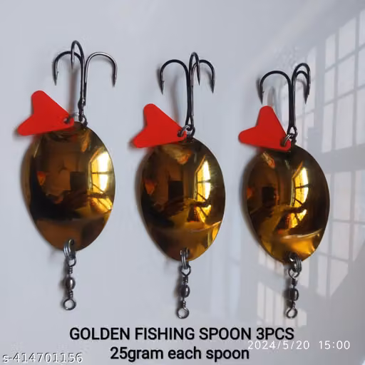 P S N S Golden Hayderabadi Fishing Spoon Lures Set of 3, 25 Gram Each with Red Heart and Treble Hooks
