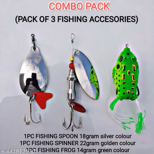 Pack of 3 Fishing Lures – Silver Spoon, Silver Spinner and Green Frog