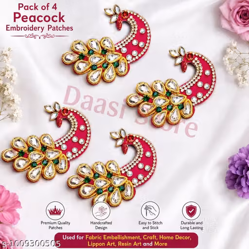 Pack of 4 Rani Pink Peacock Kundan Decorative Patches for Fabric & Crafts