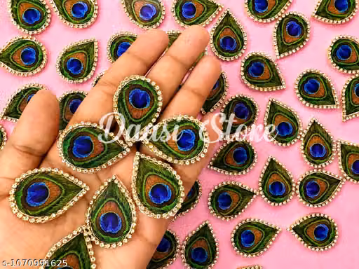 Pack of 15 Artificial Peacock Feather Applique Patches with Chain Stone Embellishment
