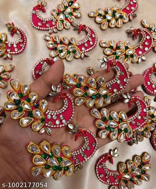 Pack of 4 Rani Pink Peacock Kundan Embroidery Patches for Clothing, Toran & DIY Crafts
