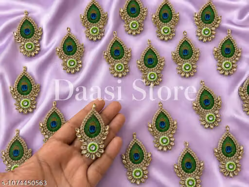 Pack of 10 Peacock Feather Rhinestone Beaded Patches for Toran, Rangoli, Gift Packing & Festive Décor