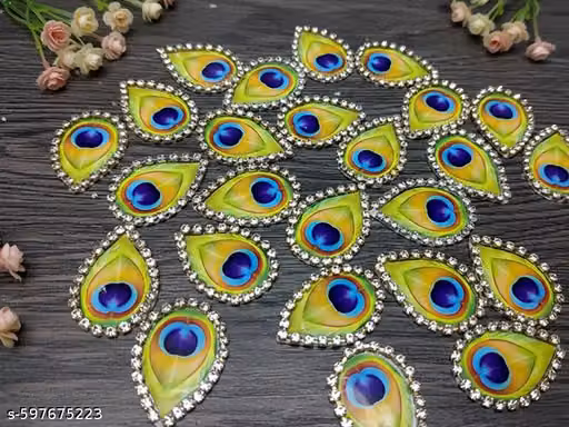 Pack of 20 Peacock Feather Print Teardrop Patches with Rhinestone Chain Border – 3.4 × 2.3 cm