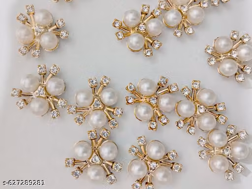 Pack of 20 White Pearl Stone Beads with Golden-Finish Base for Poshak, Jewellery & Crafts