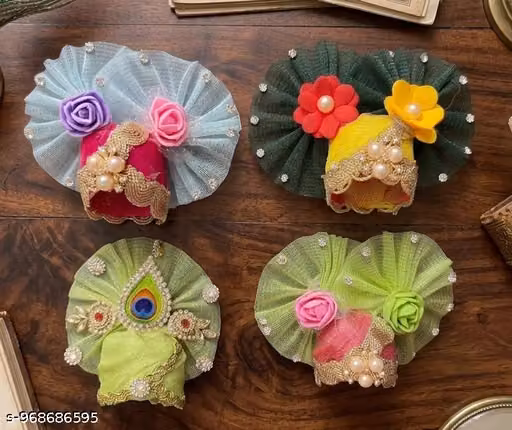 Pack of 4 Multicolour Laddu Gopal Mukut Size 4 – Designer Kanha Ji Pagdi Set