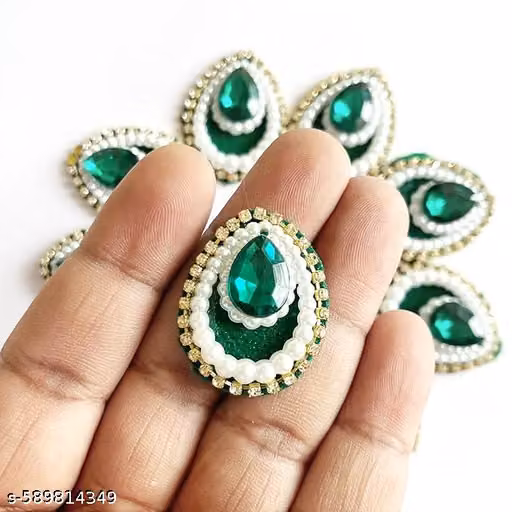 Set of 25 Dark Green Pan Shape Kundan Embroidery Patches for Laddu Gopal Dress, Blouse & DIY Crafts