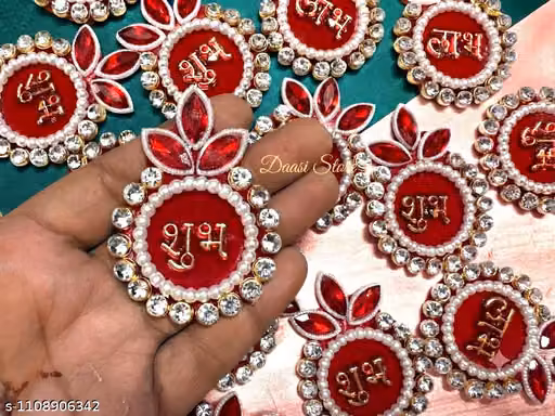 Pack of 8 Red Velvet Shubh Labh Embroidery Patches with Pearl & Rhinestone Work for Toran Decoration