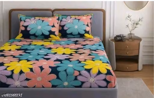 Floral Cotton Elastic Fitted Bedsheet Double King Size with 2 Pillow Covers