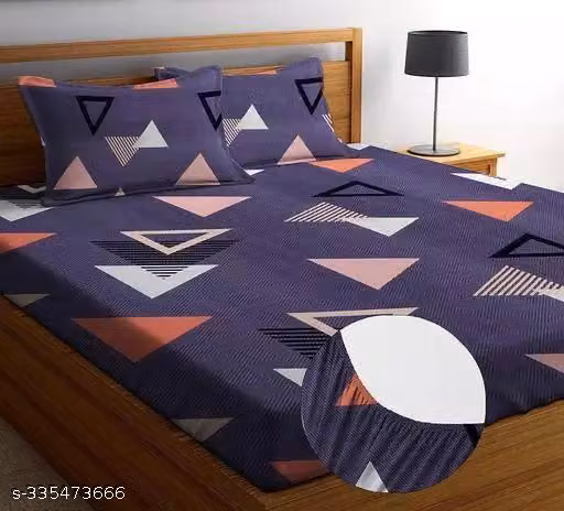 Geometric Cotton Elastic Fitted Bedsheet Double King Size with 2 Pillow Covers