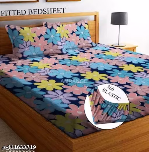 Floral Glace Cotton Elastic Fitted Bedsheet Double King Size with 2 Pillow Covers