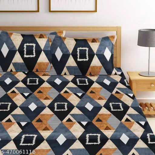 Geometric Print Cotton Fitted Double King Bedsheet with 2 Large Pillow Covers
