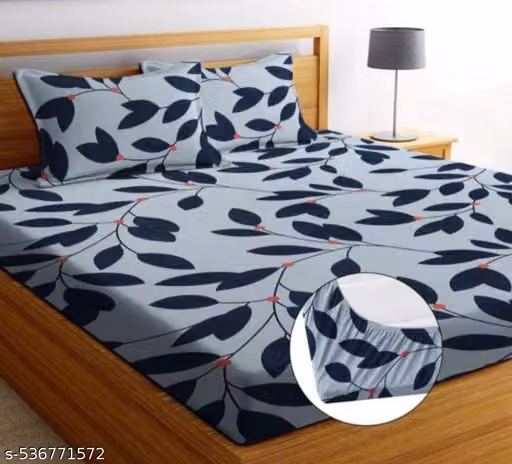 Premium Glace Cotton Botanical Print Elastic Fitted Double King Bedsheet with 2 Pillow Covers