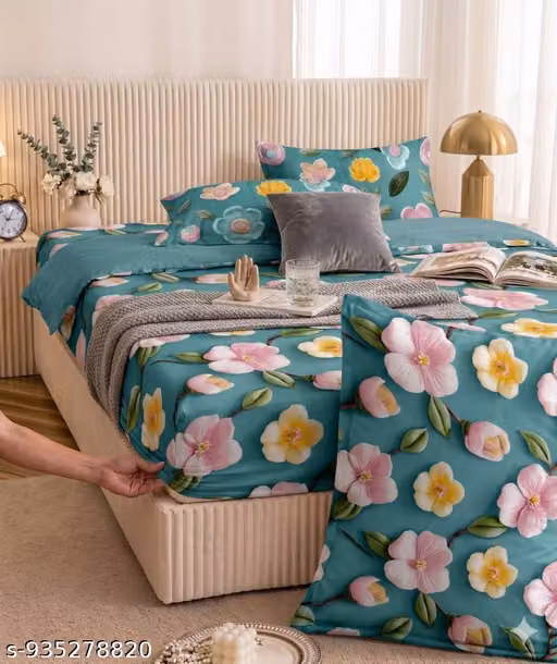 7D Floral Cotton Elastic Fitted Double King Bedsheet with 2 Pillow Covers