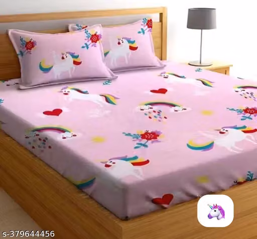 Magical Unicorn & Rainbow Glace Cotton Double Queen Bedsheet with 2 Pillow Covers