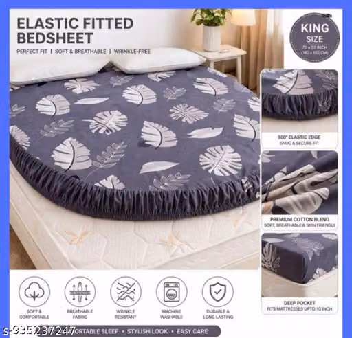 Botanical Cotton Elastic Fitted Double King Bedsheet with 2 Pillow Covers