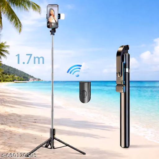 Extendable Selfie Stick Tripod with Wireless Remote & Light – Portable Black Mobile Holder