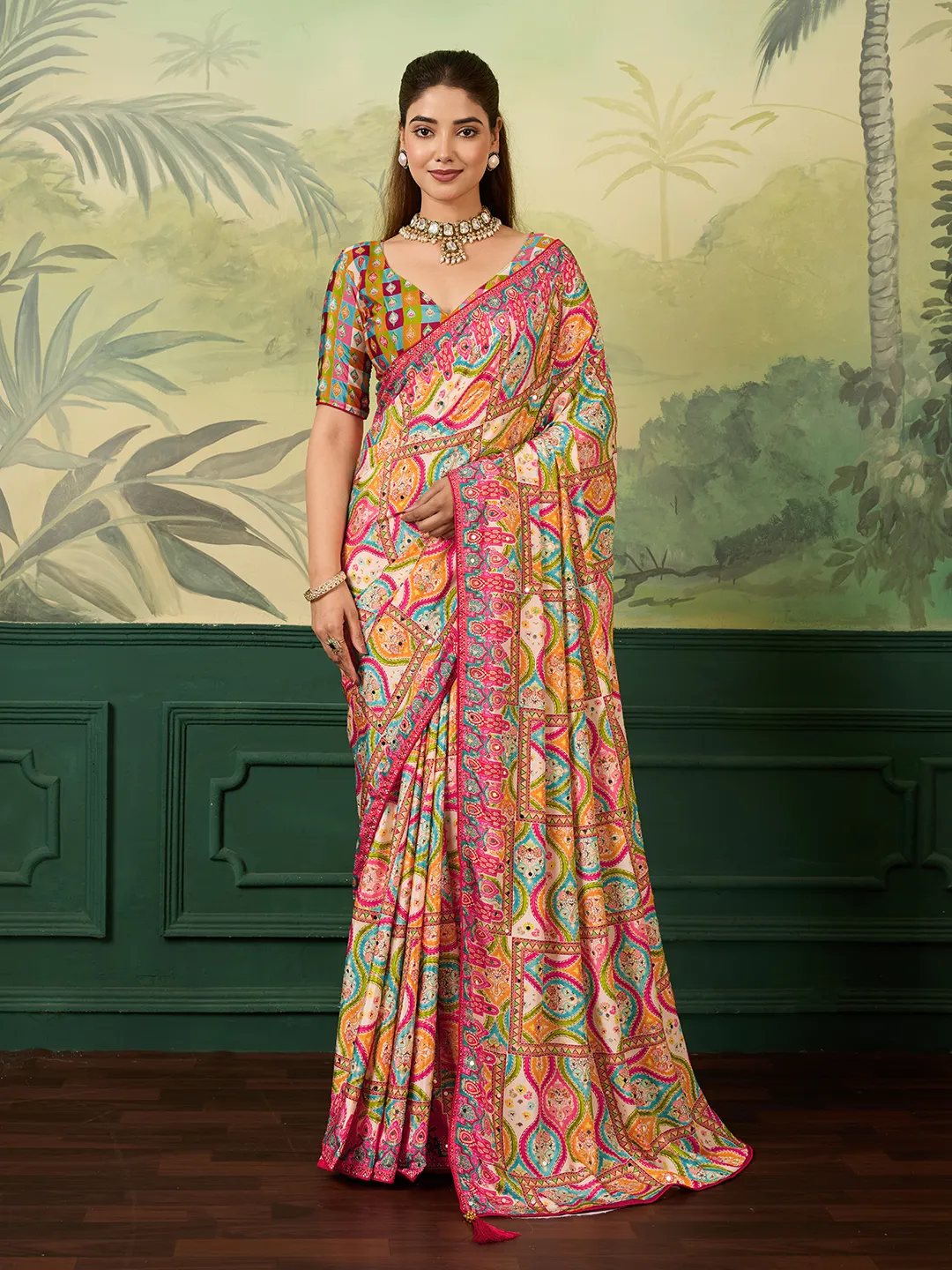 Panjari Hot Pink Multi-Color Paisley Crepe Saree with Mirror Work