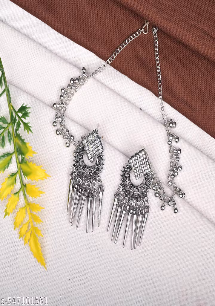 Oxidised Silver Hoop Jhumki Earrings with Kan Chain for Women & Girls