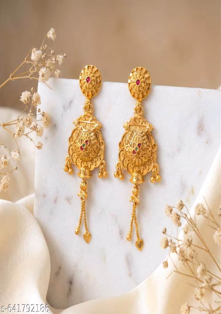 1 Gram Gold Plated Antique Temple Design Drop Earrings for Women