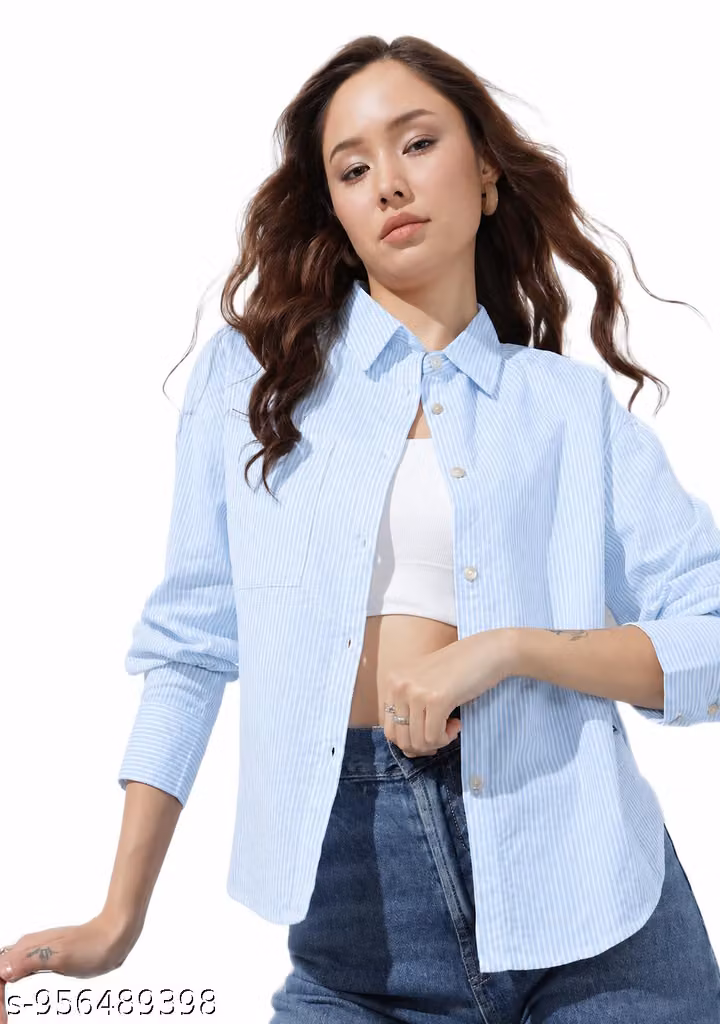 Women’s Striped Oversized Cotton Shirt – Full Sleeve Button-Down Korean Style Casual Top