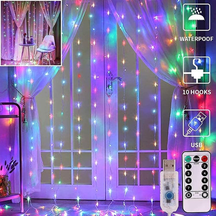 300 LED Multicolor Curtain String Lights 9.8 × 9.8 Ft with Remote Control