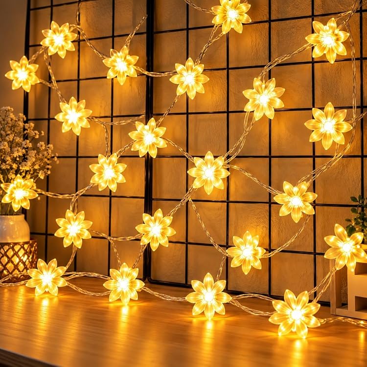 Warm White Double Lotus Flower LED String Lights, 36 LEDs, 10 Meter Decorative Fairy Lights