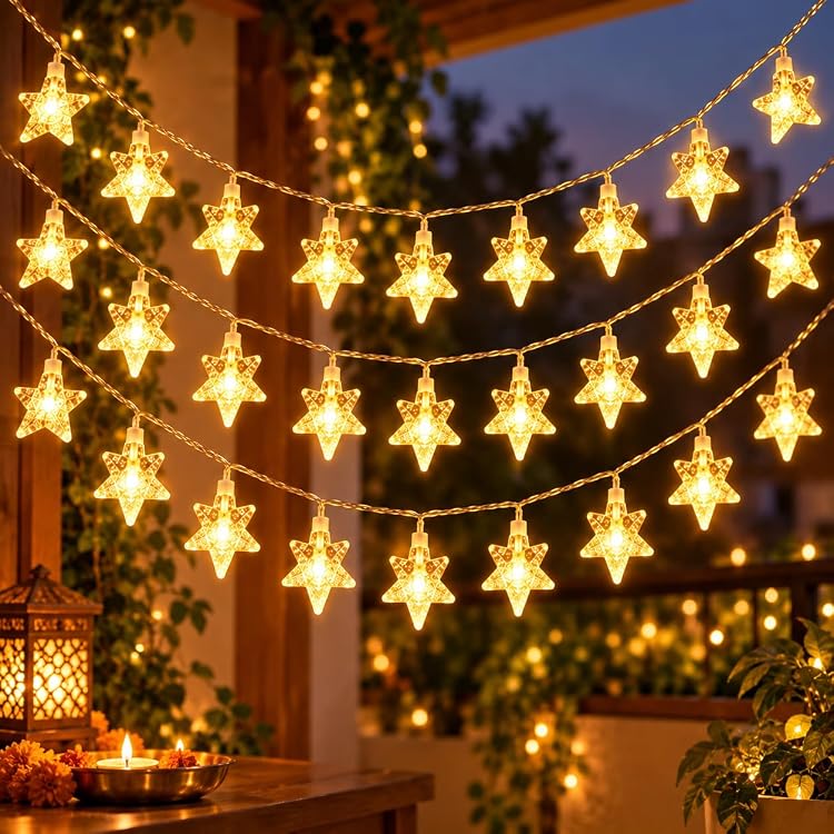 Warm White Crystal Star LED String Lights, 50 LEDs, 10 Meter Plug-In Fairy Lights with Remote and 8 Modes