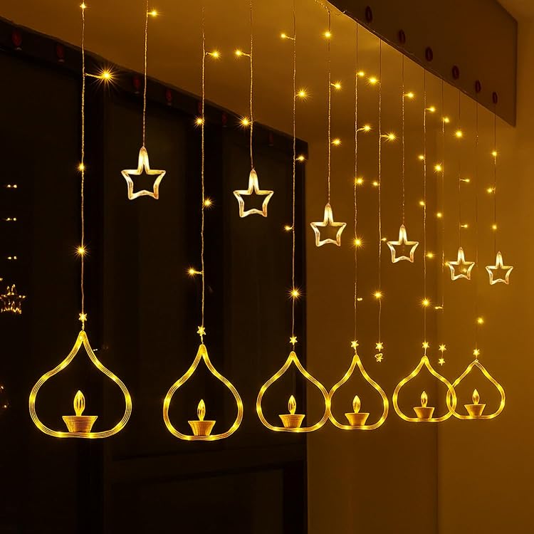 Warm White Deep Diya Curtain LED String Lights, 108 LEDs, 3 Meter, 8 Lighting Modes