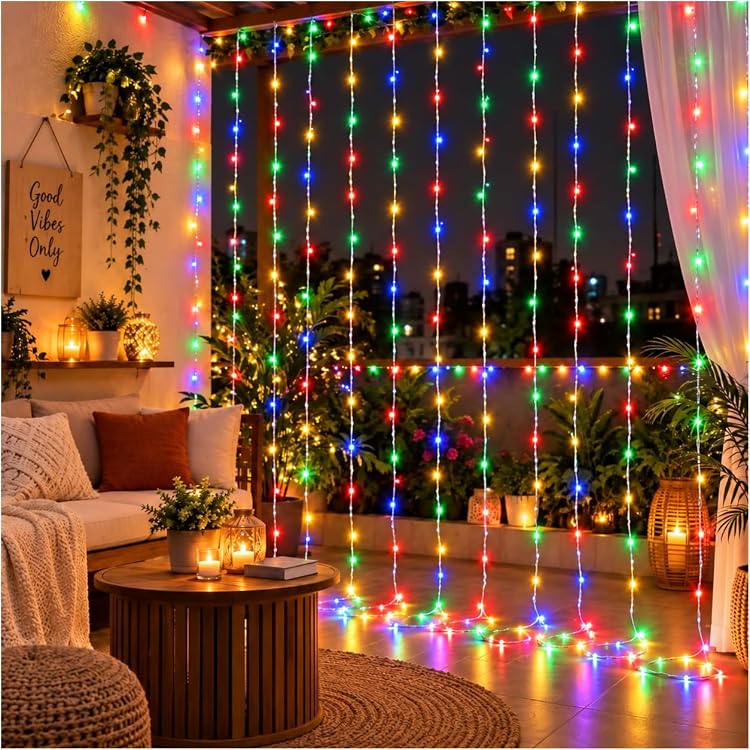 Multicolor LED Curtain Fairy String Lights, 180 LEDs, 10x10 Ft Waterfall Backdrop Lights with 8 Modes