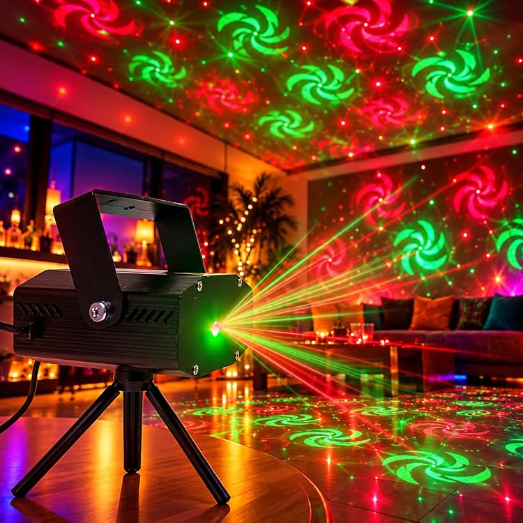 Mini Laser Projector Stage Light with Tripod Stand, 6 Lighting Patterns, Sound Activated DJ Party Light