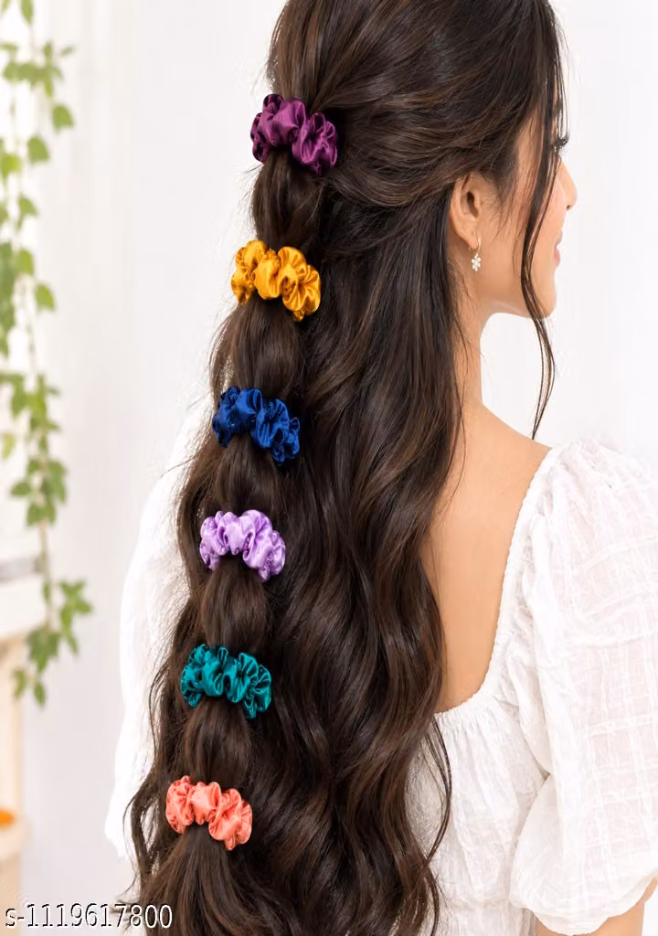 Pack of 6 Multicolor Satin-Look Hair Scrunchies for Women & Girls