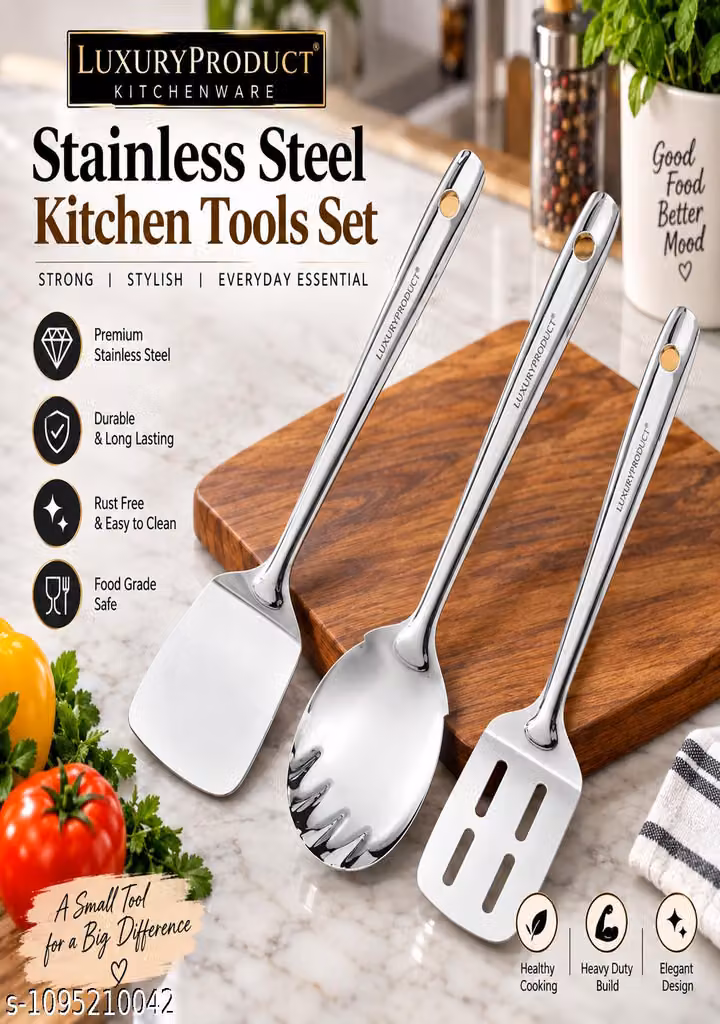 Kitchen Tools Set – 3 Pcs Premium Stainless Steel Turner, Serving Spoon & Slotted Spatula