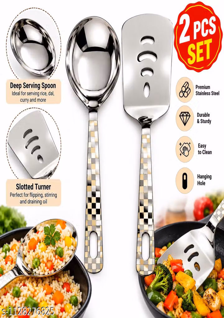 Serving Spoon and Slotted Turner Combo Set – 2 Pcs Stainless Steel Kitchen Utensils with Checkerboard Handles