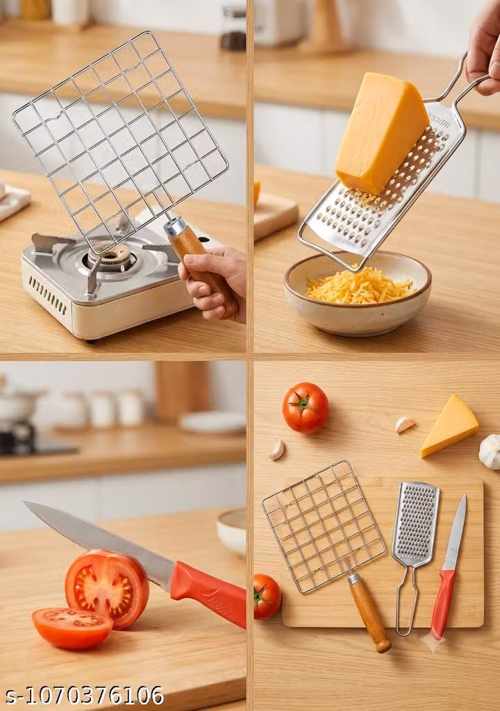 Kitchen Utility Combo – 3 Pcs Stainless Steel Grater, Roasting Grill Jali & Kitchen Knife Set