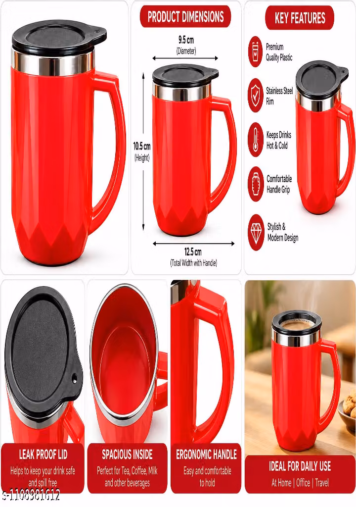 Premium Red Plastic Coffee Mug with Lid and Stainless Steel Rim for Tea and Coffee