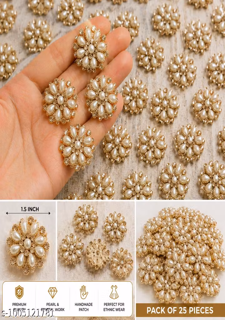 Handmade Embroidery Patch Pack of 25 – Gold Pearl Jadkan Boota Applique for Saree, Suit & Lehenga