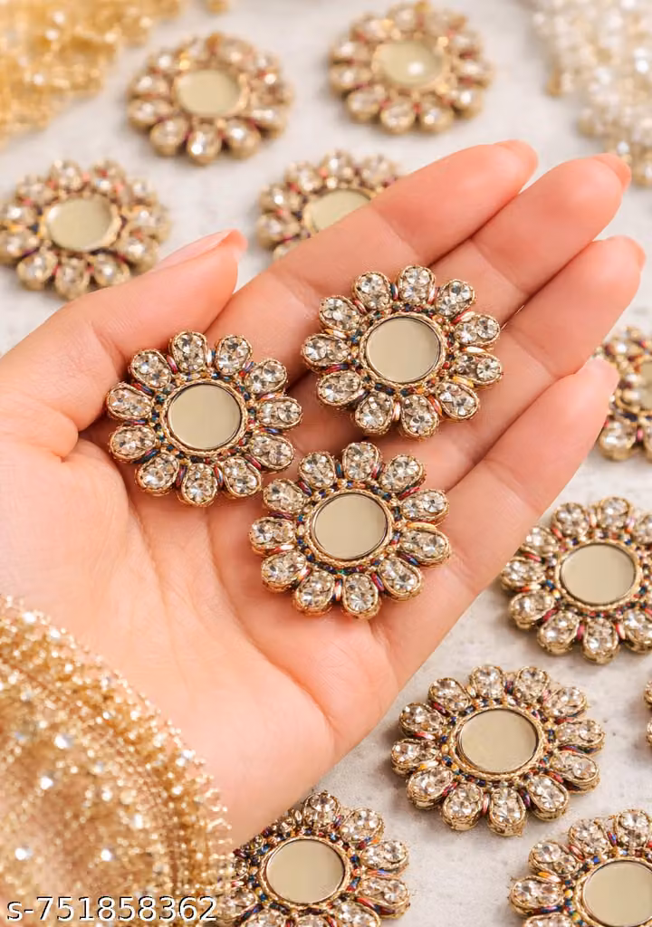 Handmade Embroidery Patch Pack of 30 – Gold Pearl & Crystal Jadkan Boota Applique for Saree, Suit & Lehenga