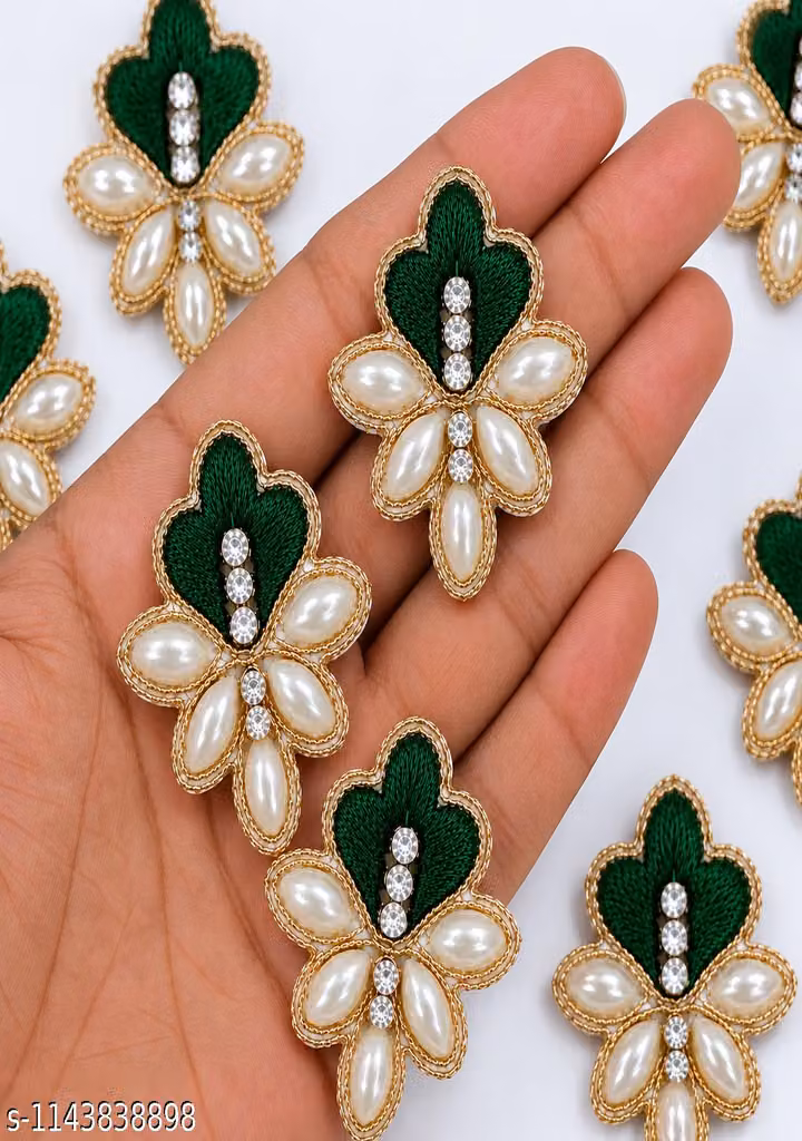 Handmade Resham Embroidery Boota Pack of 25 – Green Zarkan Pearl & Golden Work for Saree, Suit & Lehenga
