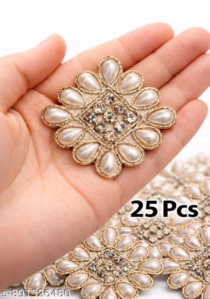 Handmade Embroidery Patch Pack of 25 – Gold Pearl & Crystal Jadkan Boota Motif for Saree, Suit & Lehenga