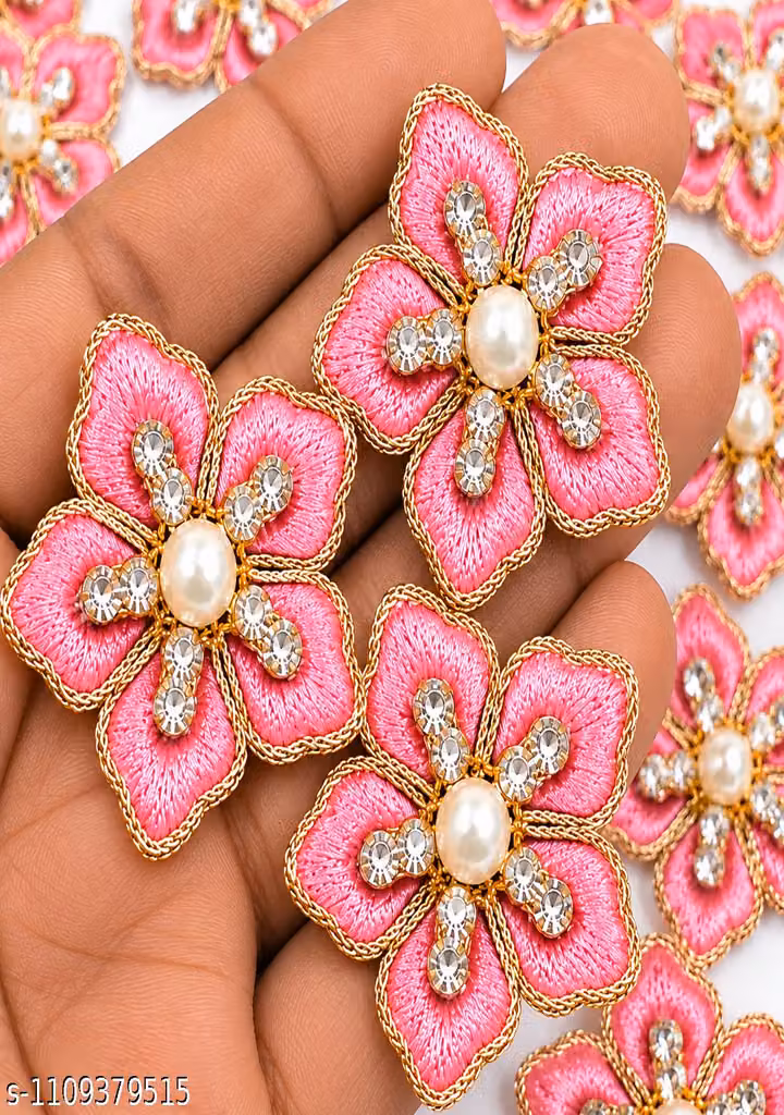 Pink Resham Embroidery Boota Pack of 25 – 1.25 Inch Floral Zarkan & Pearl Work