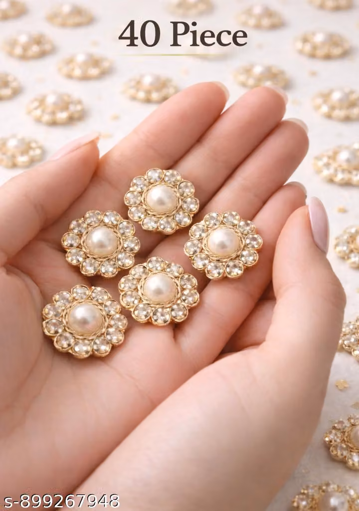 Handmade Embroidery Patch Pack of 40 – Gold Pearl & Crystal Jadkan Boota Applique for Saree, Suit & Lehenga