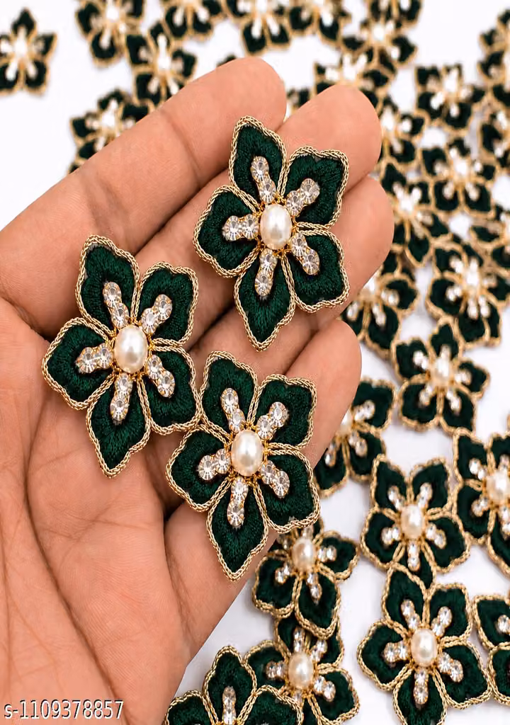 Green Resham Embroidery Boota Pack of 25 – 1.25 Inch Zarkan & Pearl Floral Embroidery Patch