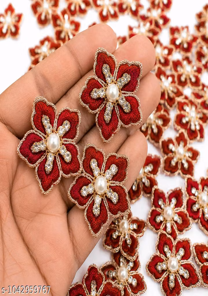 Premium Mehroon Resham Embroidery Boota Pack of 25 – 1.25 Inch Zarkan & Pearl Work Patch